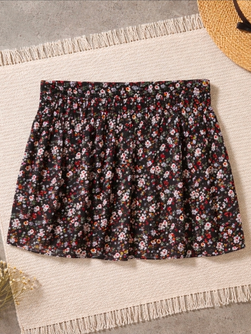 Vine and Valley Women's Small Black Floral Pleated Lined Mini Skirt Boho Cottage